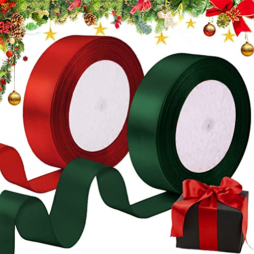 Weihnachtsband für Geschenkverpackung, 2 Rollen Satinband, rot, dunkelgrün, für Handwerk, breite Bänder 25 mm für die Herstellung von Hochzeitsdekorationen, Krone, Weihnachtsbaumkuchen (45 m) von ZAWTR