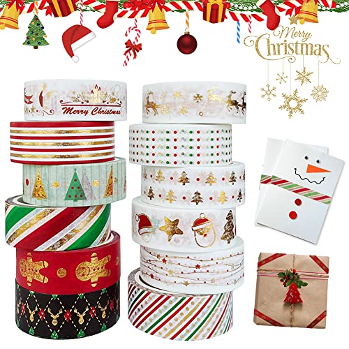 Weihnachten Washi Tape Set, 12 Rollen Washi Masking Tapes Dekorative Klebeband für Journals Planer Geschenkverpackung Scrapbook, 15mm Dekoband Papier Aufkleber Weihnachtsdeko zum Basteln DIY Handwerk von ZAWTR