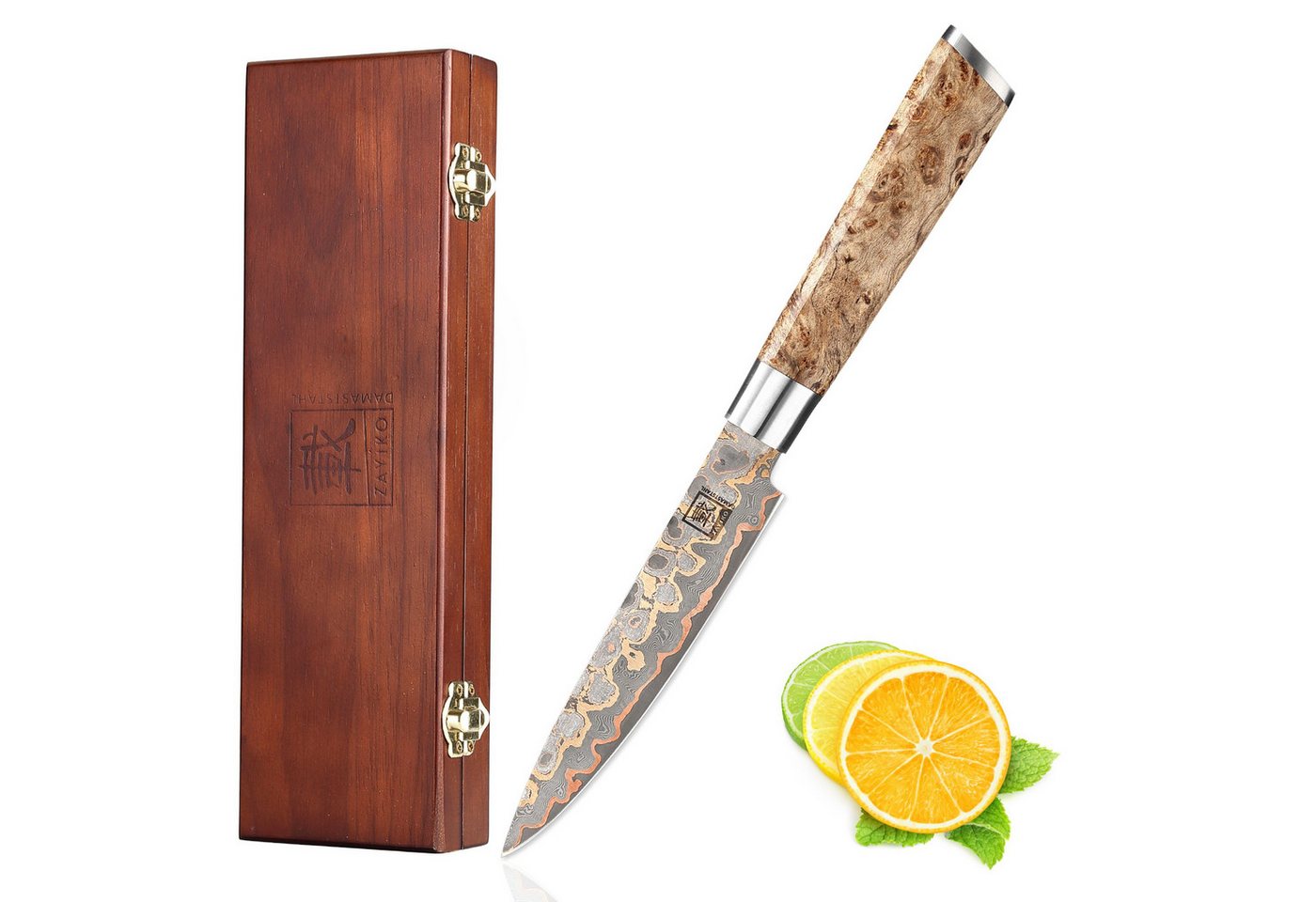 ZAYIKO Allzweckmesser MysticMagma Damast Allzweck Küchenmesser I 14 cm Klinge Kupfer-Bronze, Damaststahl, Kupfer-Bronze-Einlage von ZAYIKO