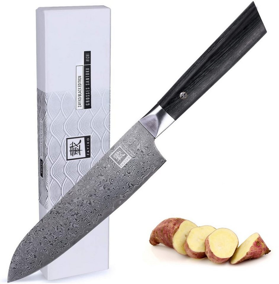 ZAYIKO Asiamesser Black Edition Santoku I 18cm Klinge I dunkler Damast I Pakkaholz, dunkler Damaststahl von ZAYIKO