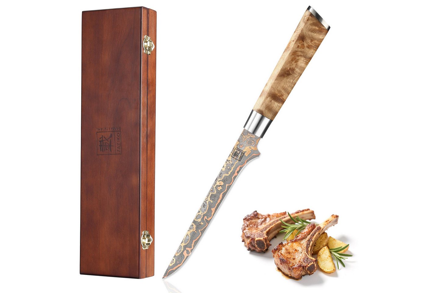 ZAYIKO Ausbeinmesser MysticMagma Damast Ausbeinmesser 18 cm Klinge Kupfer-Bronze-Einlage, Damaststahl, Kupfer-Bronze-Einlage von ZAYIKO