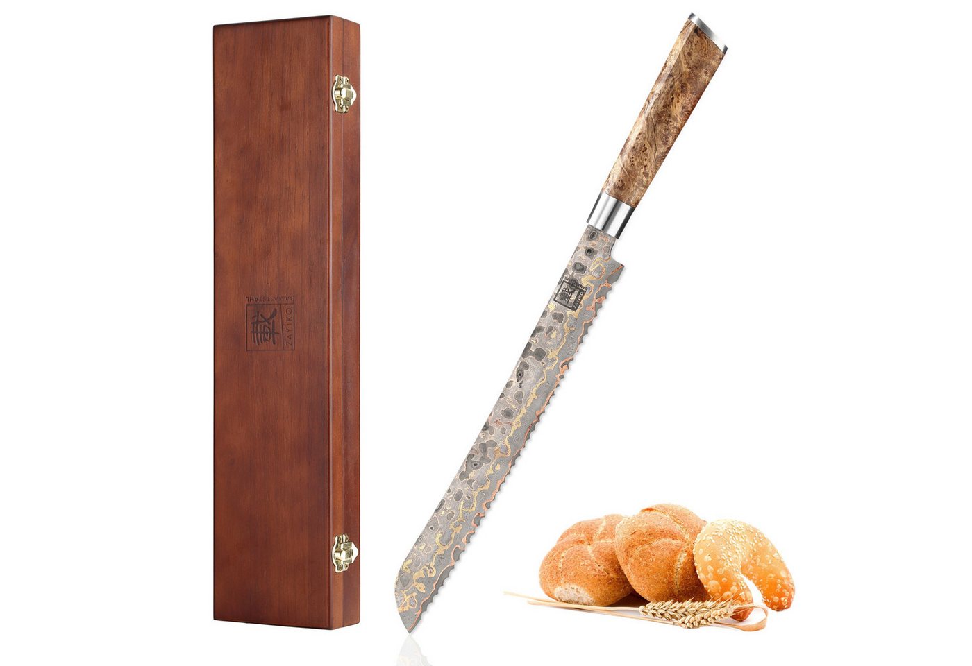 ZAYIKO Brotmesser MysticMagma Küchenmesser 27cm Kupfer-Bronze-Wellenschliffdamastklinge, Damaststahl, Kupfer-Bronze-Einlage von ZAYIKO