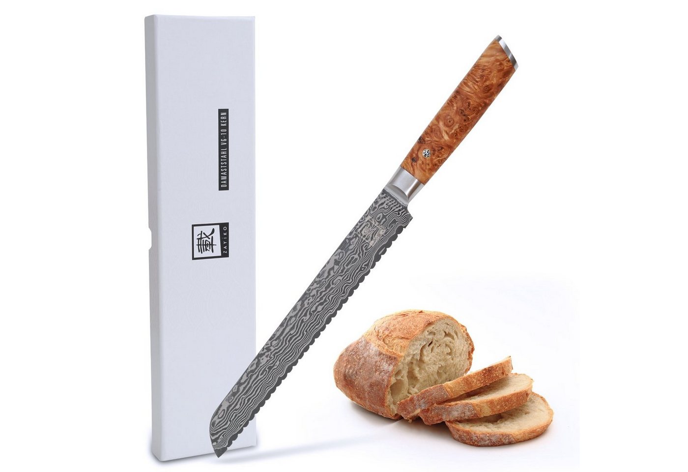 ZAYIKO Brotmesser Kinone Damast langes Brotmesser I 23 cm Klinge I Wurzelholzgriff Birke, dunkler Damaststahl von ZAYIKO