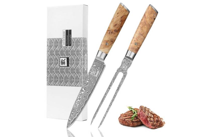 ZAYIKO Messer-Set Kinone Damast 2er Tranchier-Set I 17-18cm Klingen I Wurzelholzgriffe (Damastmesser mit Geschenkbox, 1-tlg., 2er Tranchier-Set), schwarzer Damaststahl, VG10-Kern von ZAYIKO
