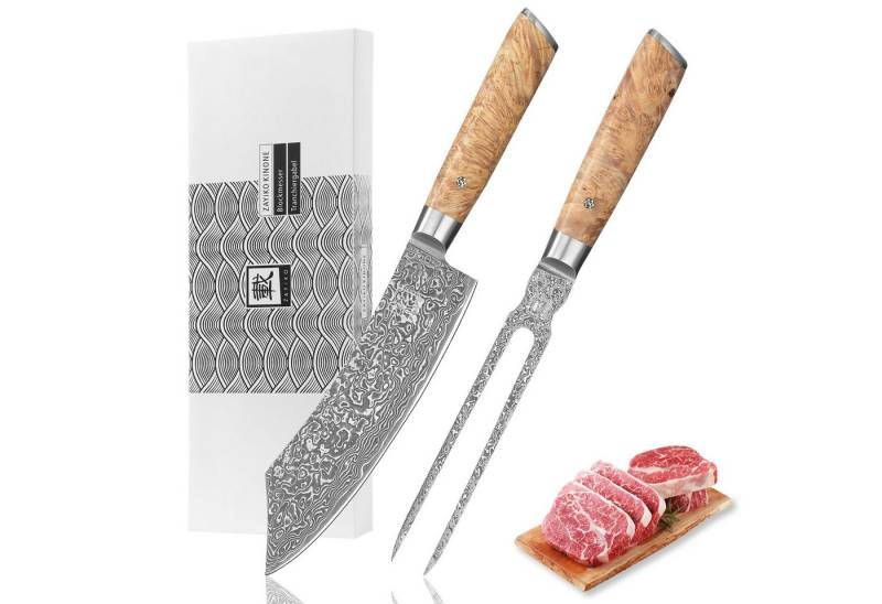 ZAYIKO Messer-Set Kinone Damast BBQTranchier-Set I 18-20 cm Klingen I Wurzelholzgriffe (Damastmesser mit Geschenkbox, 1-tlg., 2er BBQ Tranchier-Set), schwarzer Damaststahl, VG10-Kern von ZAYIKO
