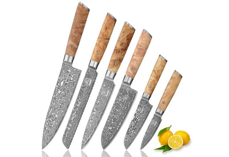 ZAYIKO Messer-Set Kinone 6er Damastmesser-Set I 8-20 cm Klingen I Wurzelholzgriffe Birke (Damastmesser mit Geschenkbox, 3-tlg), 67 Lagen Damaststahl, VG-10 Stahlkern von ZAYIKO