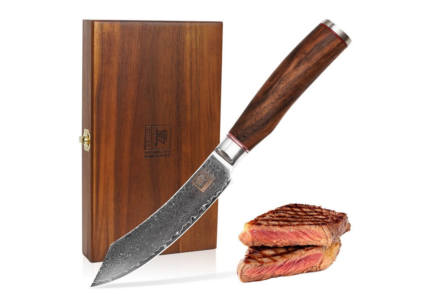 ZAYIKO Messer-Set Kurumi Damast 4er Steakmesser I 12cm Klinge I Nussbaumgriffe I Holzbox von ZAYIKO