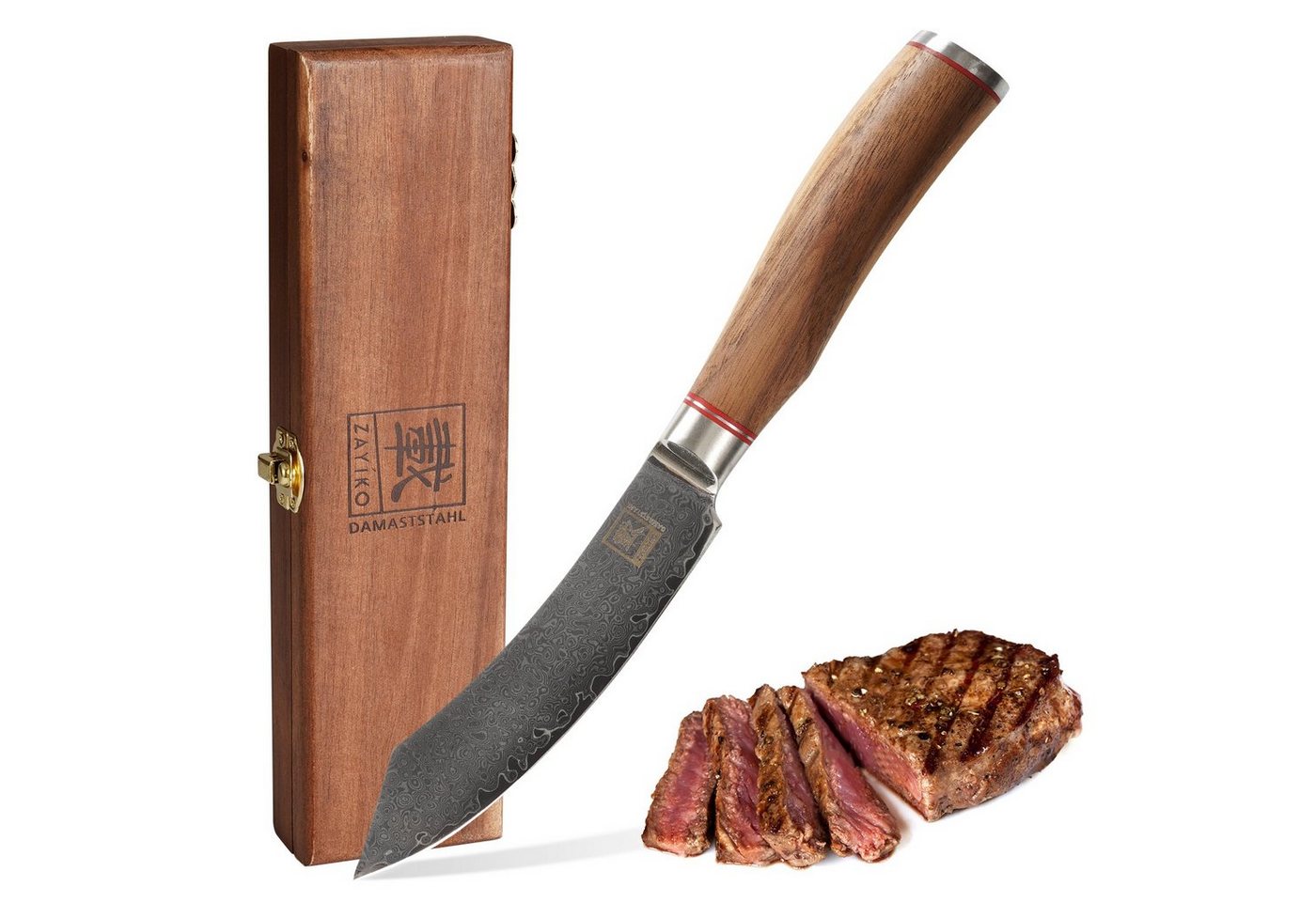 ZAYIKO Steakmesser Kurumi Damast Steakmesser I 12 cm Klinge I Nussbaumgriff I Holzbox von ZAYIKO