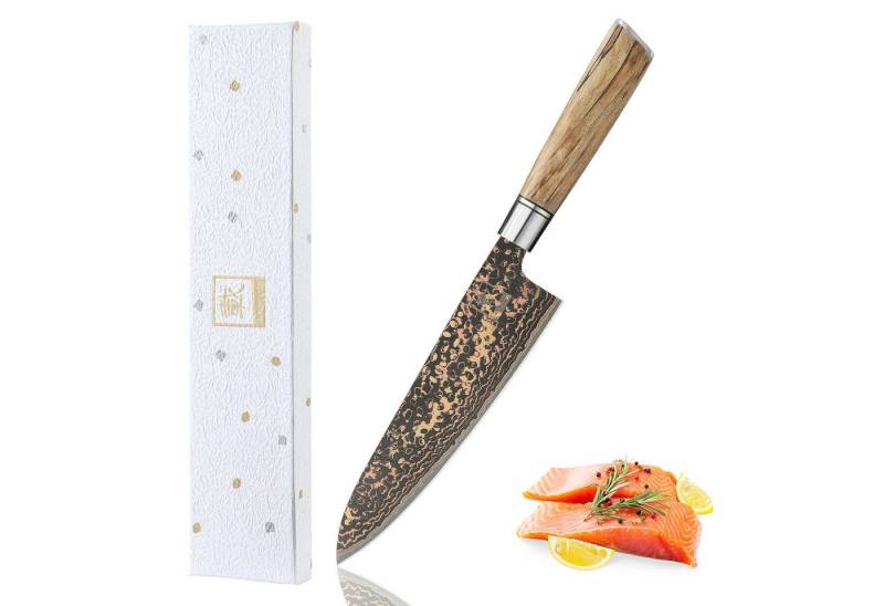 ZAYIKO Universalküchenmesser BlackMagma Damast Chefmesser Küchenmesser 19 cm Klinge Kupfer-Bronze, schwarzer Damaststahl, Kupfer-Bronze-Einlage von ZAYIKO