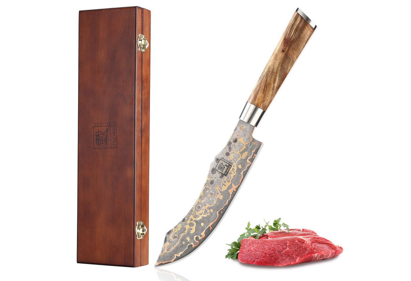 ZAYIKO Universalküchenmesser MysticMagma Scimitar Küchenmesser 19 cm Klinge Kupfer-Bronze-Einlage, Damaststahl, Kupfer-Bronze-Einlage von ZAYIKO