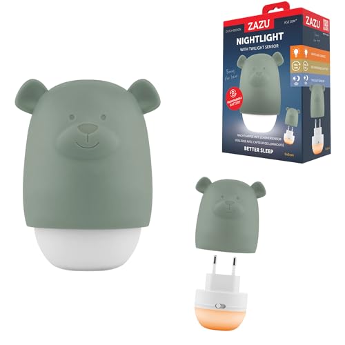 ZAZU Benny Nachtlicht für Kinder mit Dämmerungssensor – Wiederaufladbar | Automatisch Ein/Aus | Weiß & Orange Licht | Tragbar & Steckdose | Akku bis 70h | Reise-Modus | Baby Nachtlampe (Sage) von ZAZU