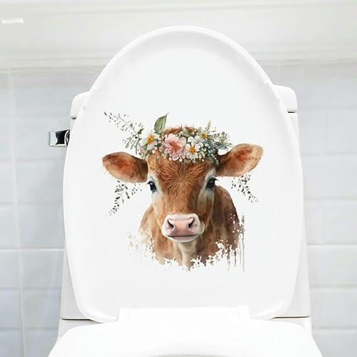ZAZUZU 29 x 27 cm, 5 Stück, Cartoon-Tier-Ochse, selbstklebende Toilettendeckel-Aufkleber, lustige PVC-wasserdichte Toilettensitz-Aufkleber für Deckel, Badezimmer-Wandaufkleber von ZAZUZU