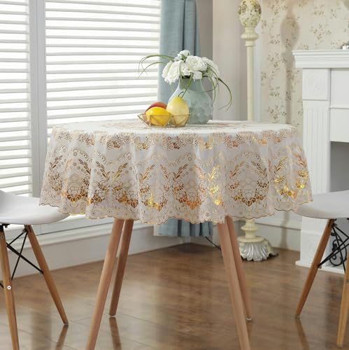 ZAZUZU Durchmesser 130 cm, goldfarben, ölbeständig, runde PVC-Tischdecke, abwischbar, kleine PVC-Tischdecke, runder Tisch, blumig, für runden Esstisch zu Hause von ZAZUZU