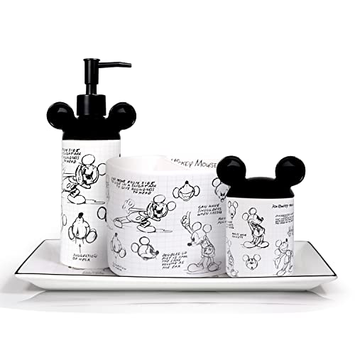 Disney Badezimmer-Set, 4-teilig, Disney-Micky-Maus-Heimdekoration, niedliche Keramik-Einweihungsgeschenke, Lotionpumpe, Tablett, Zahnbürstenhalter, Watteballhalter, Glas (weiß) von Zrike