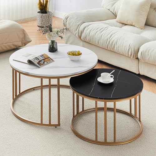 ZBAOLTO Couchtisch Rund 2er Set, Kaffeetische Holz Wohnzimmertisch mit Marmoreffekt Desktop, Coffee Table mit Goldene Metallbeine, Modern Couch Tisch Couchtisch, Satztische, 70x45 cm/50x38 cm ZBAOLTO Couchtisch Rund 2er Set, Kaffeetische Holz Wohnzimmertisch mit Marmoreffekt Desktop, Coffee Table mit Goldene Metallbeine, Modern Couch Tisch Couchtisch, Satztische, 70x45 cm/50x38 cm von ZBAOLTO