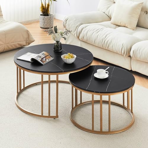 ZBAOLTO Couchtisch Rund 2er Set, Kaffeetische Holz Wohnzimmertisch mit Marmoreffekt Desktop, Coffee Table mit Goldene Metallbeine, Modern Couch Tisch Couchtisch, schwarz 70x45 cm/50x38 cm von ZBAOLTO