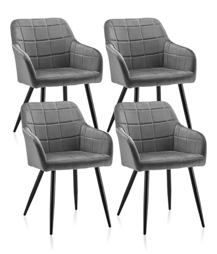 ZBAOLTO Esszimmerstühle 4er Set Samt, Grid-Design-Armlehnstuhl Küchenstuhl Polsterstuhl Wohnzimmerstuhl mit Armlehnen Rückenlehne Metallbeine, für Esszimmer Wohnzimmer Küche, Grau von ZBAOLTO