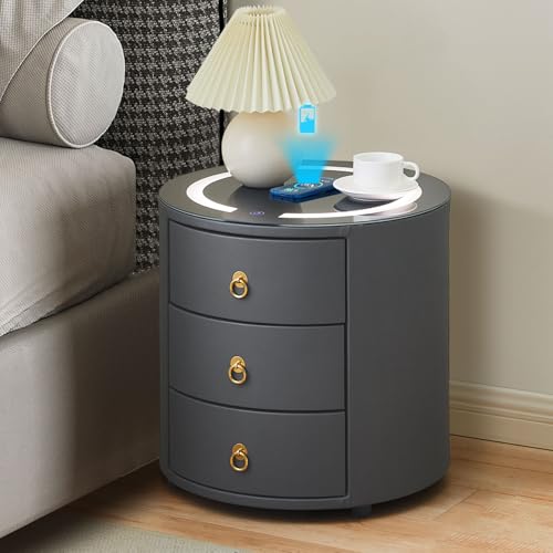 ZBAOLTO Nachttisch mit Ladefunktion, Intelligenter Nightstand mit LED, durch Berührung einstellbar, 3 Schubladen, Kunstlederoberfläche, Schlafzimmer Nachtschrank, 46×46×46cm, grau von ZBAOLTO