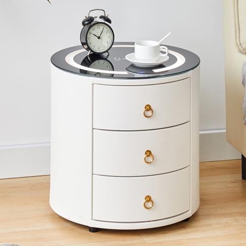 ZBAOLTO Nachttisch mit Ladefunktion, Intelligenter Nightstand mit LED, durch Berührung einstellbar, 3 Schubladen, Kunstlederoberfläche, Schlafzimmer Nachtschrank, 46×46×46cm,Modern weiß von ZBAOLTO