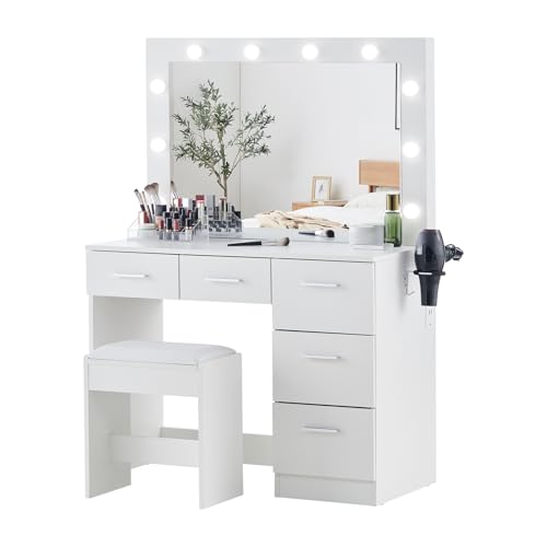ZBAOLTO Schminktisch mit Beleuchtung, Schminktische Weiß mit 5 Schubladen Spiegel Hocker LED, Schminktische Mädchen Schlafzimmer, ModernKosmetiktisch 92x45x140cm von ZBAOLTO