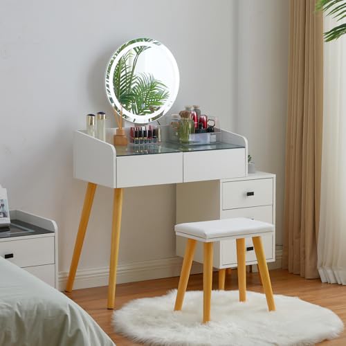 ZBAOLTO Schminktisch mit Beleuchtung und Hocker,Transparentes Desktop-Design Kosmetiktisch Schminktische mit rund Spiegel 5 schubladen, Kosmetiktisch für Schlafzimmer Modern Weiß 76x40x138 cm ZBAOLTO Schminktisch mit Beleuchtung und Hocker,Transparentes Desktop-Design Kosmetiktisch Schminktische mit rund Spiegel 5 schubladen, Kosmetiktisch für Schlafzimmer Modern Weiß 76x40x138 cm von ZBAOLTO