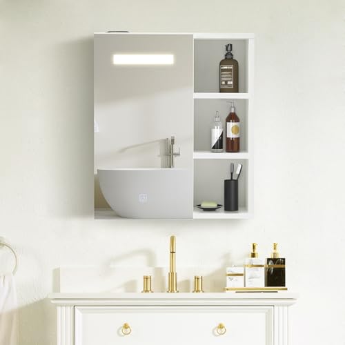 ZBAOLTO Spiegelschrank Bad mit Beleuchtung, Badschrank mit Spiegel mit 3 Offenes Ablagen, Badezimmerschrank mit LED Beleuchtung, Spiegelschrank Bad mit Verstellbarer Ablagen Weiß von ZBAOLTO