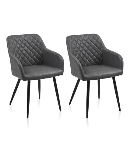 ZBAOLTO Stühle esszimmer 2er Set Kunstleder, Diamant-Gitter-Esszimmerstuhl Küchenstuhl Polsterstuhl Wohnzimmerstuhl mit Armlehnen Rückenlehne Metallbeine, für Esszimmer Wohnzimmer Küche, Dunkelgrau von ZBAOLTO