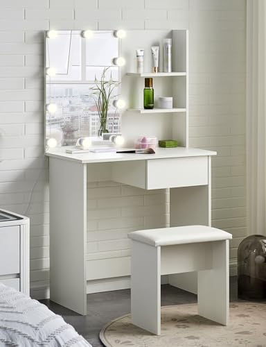 ZBAOLTO Weiß Schminktisch mit Beleuchtung, Frisiertisch mit Hocker und Spiegel, Schminktisch Klein mit 1 Schublade,Kosmetiktisch Holz für Schlafzimmer, 75 * 40 * 137 cm von ZBAOLTO