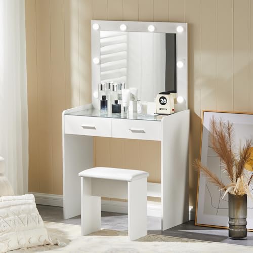 ZBAOLTO Weiß Schminktisch mit Beleuchtung und Hocker,Transparenter Desktop Kosmetiktisch Schminktische mit LED Spiegel 4 schubladen, Kosmetiktisch für Schlafzimmer, Modern von ZBAOLTO