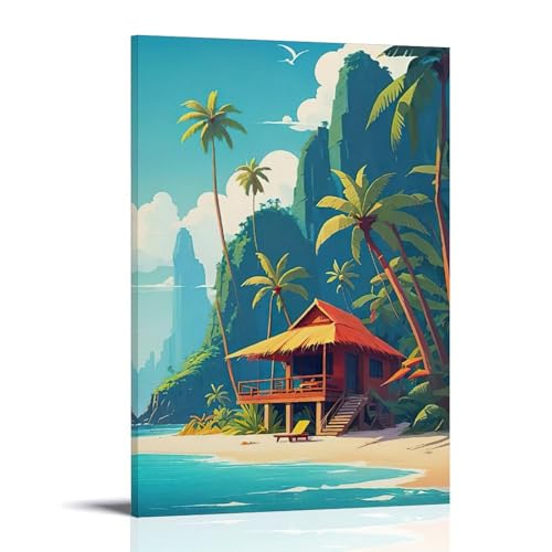 ZBBZJYHH Beach Haven Tropische Palmenhütte, Wandkunst, modernes künstlerisches Wandbild, Hängedekoration, Poster, 60 x 90 cm von ZBBZJYHH
