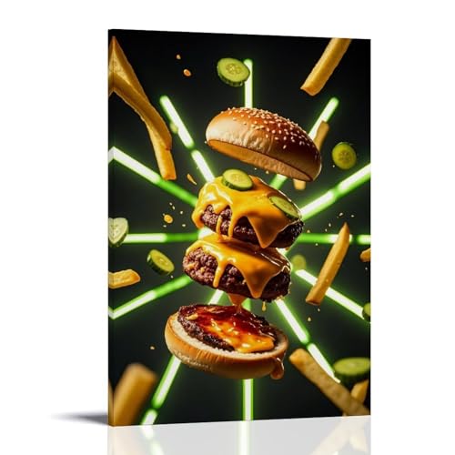 ZBBZJYHH Flying Burger Wanddekoration, köstliche schmelzende Burger und knusprige Pommes Frites Kunst für Heimdekoration, moderne künstlerische Wandbild, hängende Dekoration, Poster, 40 x 60 cm von ZBBZJYHH