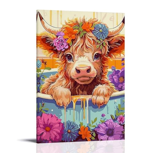 ZBBZJYHH Magische Hochlandkuh Wanddekoration, lebendige Blumen und bunte Blüten, Kunststück für Heimdekoration, modernes künstlerisches Wandbild, hängende Dekoration, Poster, 20 x 30 cm von ZBBZJYHH