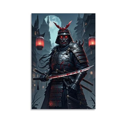 ZBBZJYHH Mystischer Samurai-Wandkunst, unheimlicher rothäugiger Krieger mit blutiger Klinge, dunkler Schlosshintergrund, modern, künstlerisches Wandbild, hängende Dekoration, Poster, 30 x 45 cm von ZBBZJYHH