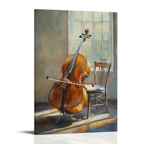 ZBBZJYHH Ölgemälde mit Musikinstrumenten - Cello, das sich in einem sonnigen Studio an einen Stuhl lehnt, Schleife lässig über die Saiten drapiert, modernes künstlerisches Wandbild, hängendes von ZBBZJYHH
