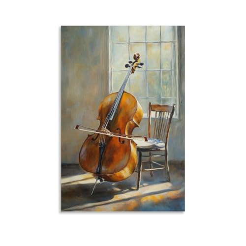 ZBBZJYHH Ölgemälde mit Musikinstrumenten - Cello, das sich in einem sonnigen Studio an einen Stuhl lehnt, Schleife lässig über die Saiten drapiert, modernes künstlerisches Wandbild zum Aufhängen von ZBBZJYHH