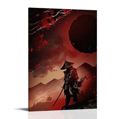 ZBBZJYHH Samurai-Poster auf dunklem Hintergrund mit roten Blumen, modernes künstlerisches Wandbild, hängende Dekoration, Poster, 50 x 75 cm von ZBBZJYHH