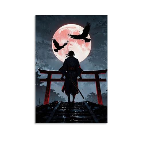 ZBBZJYHH Samurai-Poster mit Vogel-Tor und Treppe unter einem Vollmond, modernes künstlerisches Wandbild, hängende Dekoration, Poster, 30 x 45 cm von ZBBZJYHH