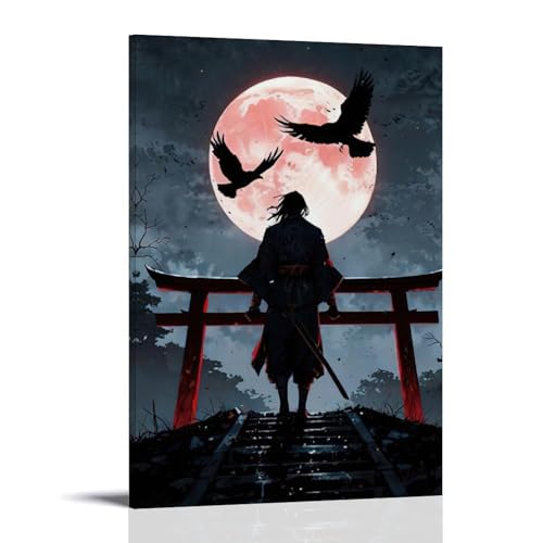 ZBBZJYHH Samurai-Poster mit Vogel-Tor und Treppe unter einem Vollmond, modernes künstlerisches Wandbild, hängende Dekoration, Poster, 50 x 75 cm von ZBBZJYHH