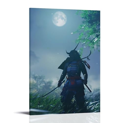ZBBZJYHH Samurai-Poster mit Vollansicht mit dem Mond in der Seite, modernes künstlerisches Wandbild, Hängedekoration, Poster, 60 x 90 cm von ZBBZJYHH