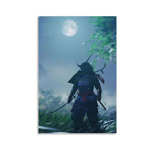 ZBBZJYHH Samurai-Poster mit Vollansicht mit dem Mond in der Seite, modernes künstlerisches Wandbild, Hängedekoration, Poster, 60 x 90 cm von ZBBZJYHH