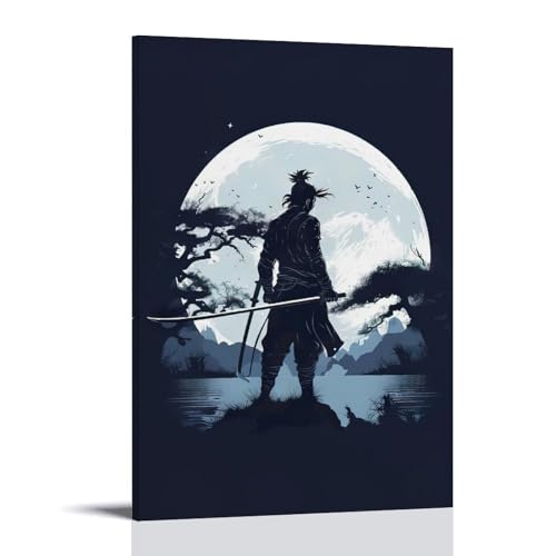 ZBBZJYHH Samurai-Poster mit Vollmond im Hintergrund, modernes künstlerisches Wandbild, Hängedekoration, Poster, 60 x 90 cm von ZBBZJYHH