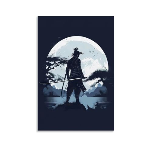 ZBBZJYHH Samurai-Poster mit Vollmond im Hintergrund, modernes künstlerisches Wandbild, Hängedekoration, Poster, 60 x 90 cm von ZBBZJYHH