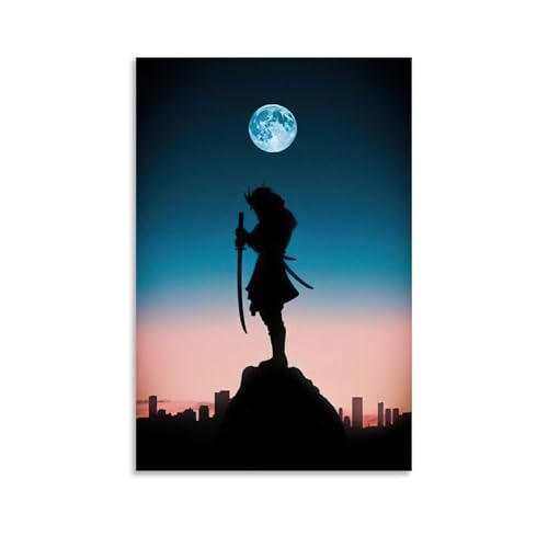 ZBBZJYHH Samurai-Poster mit Vollmond in der Stadt gegen Himmel, modernes künstlerisches Wandbild, Hängedekoration, Poster, 20 x 30 cm von ZBBZJYHH