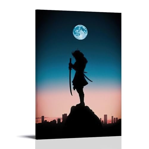 ZBBZJYHH Samurai-Poster mit Vollmond in der Stadt gegen Himmel, modernes künstlerisches Wandbild, Hängedekoration, Poster, 20 x 30 cm von ZBBZJYHH
