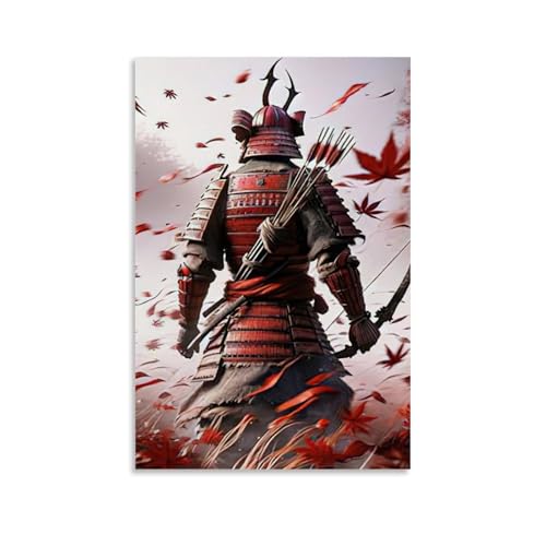 ZBBZJYHH Samurai-Poster mit einem roten Blattfeld hinter ihm, modernes künstlerisches Wandbild, Hängedekoration, Poster, 30 x 45 cm von ZBBZJYHH