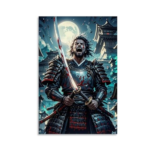 ZBBZJYHH Savage Samurai-Wanddekoration, Kunstwerk mit blutiger Klinge und hoch aufragendem Schloss, modernes künstlerisches Wandbild, hängende Dekoration, Poster, 20 x 30 cm von ZBBZJYHH
