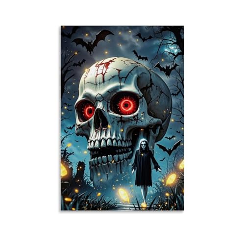 ZBBZJYHH SkullGlow Wanddekoration, unheimlicher rotäugiger riesiger Totenkopf mit gruseliger Hexe in eindringlicher Nachtszene, modernes künstlerisches Wandbild, hängende Dekoration, Poster, 20 x 30 von ZBBZJYHH