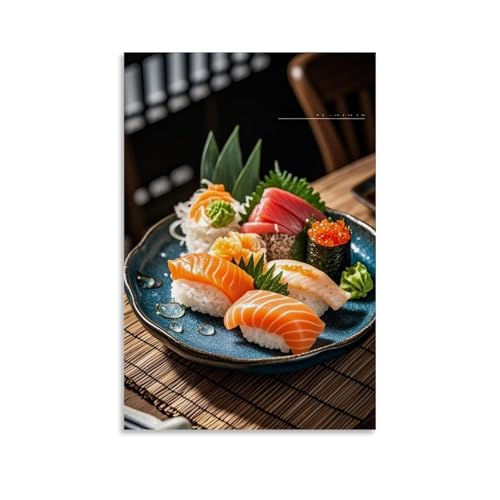 ZBBZJYHH Sushi Delight Wanddekoration, kunstvolles Sortiment an frischen Zutaten auf leuchtend blauem Teller, modernes künstlerisches Wandbild, hängende Dekoration, Poster, 20 x 30 cm von ZBBZJYHH