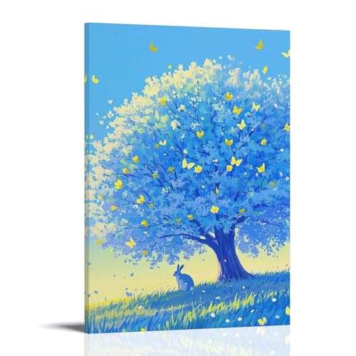 ZBBZJYHH Wandkunst, Motiv: Blaue Blüte, Schmetterling, Baum, Wandkunst, Dekoration, Poster, 60 x 90 cm von ZBBZJYHH