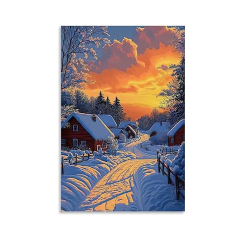 ZBBZJYHH Wandkunst, Motiv: Wintergelassenheit, gemütliche Scheune und verschneite Landschaft, modernes künstlerisches Wandbild, Hängedekoration, Poster, 60 x 90 cm von ZBBZJYHH